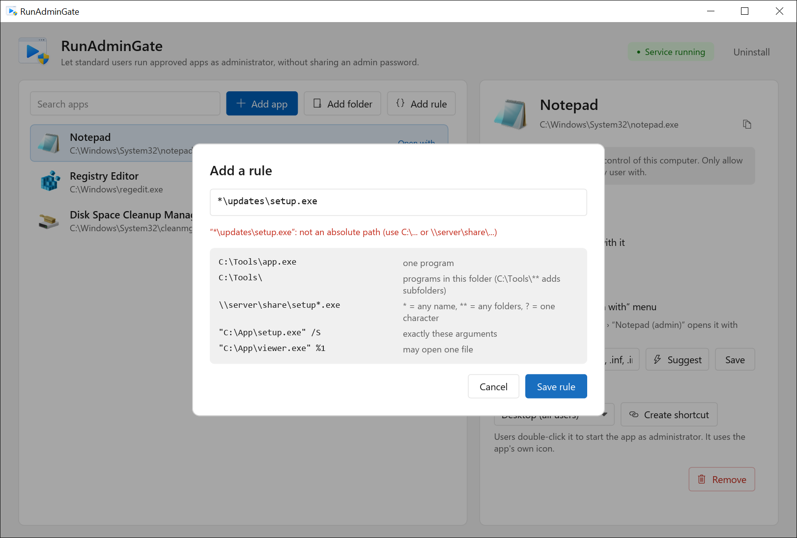 The Add a rule dialog rejecting the entry *\updates\setup.exe because it is not an absolute path, with a syntax reference below.