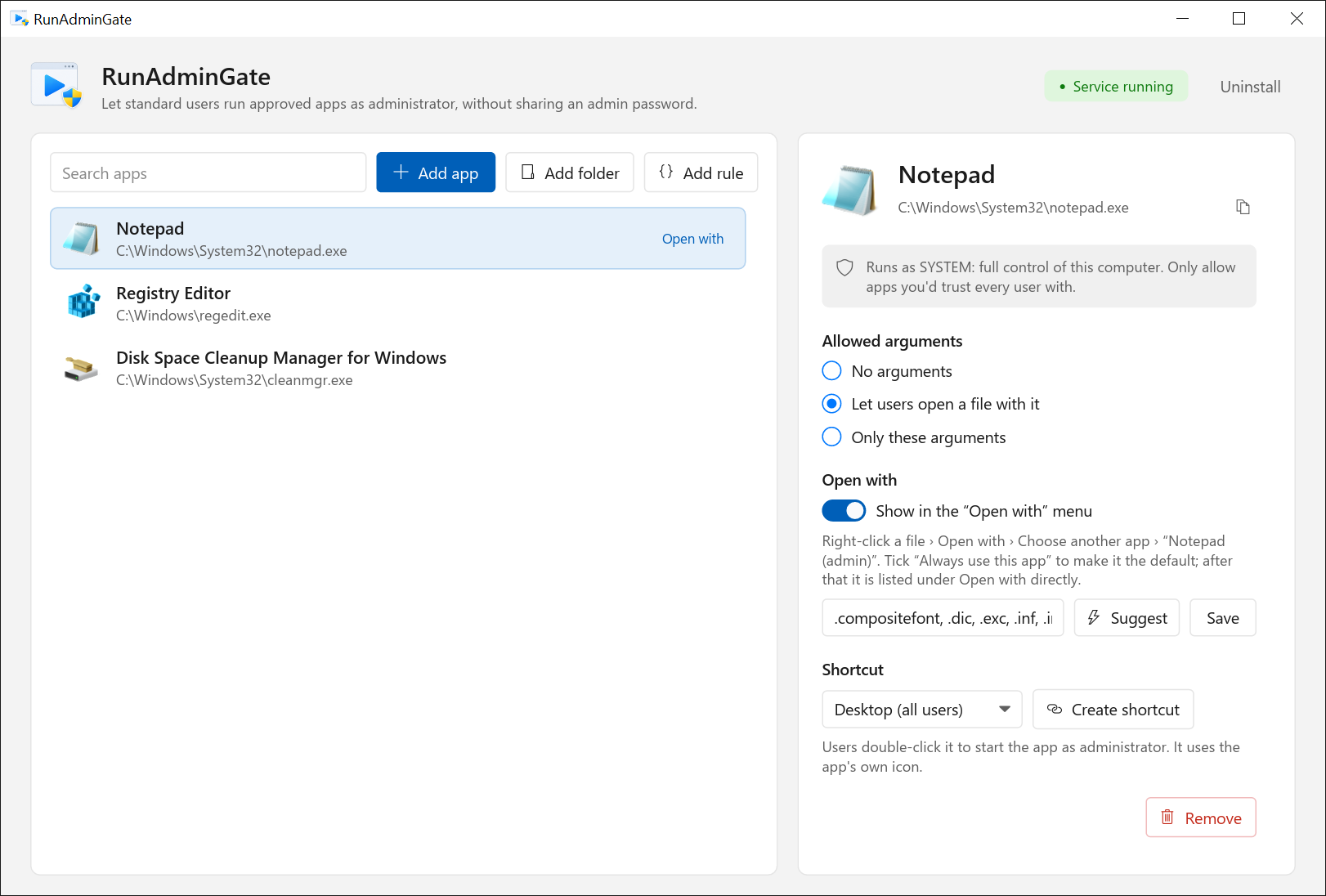 The RunAdminGate manager. Notepad, Registry Editor and Disk Cleanup are on the allow-list, and Notepad's settings are open: allowed arguments, Open with and a desktop shortcut.