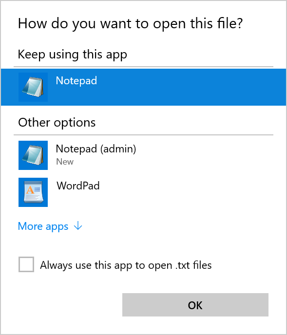 The Windows 'How do you want to open this file?' dialog listing Notepad (admin) with Notepad's icon.